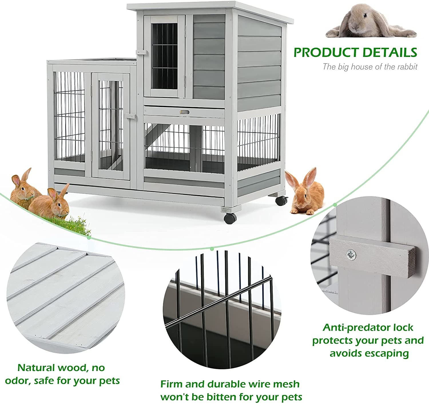 YODOLLA Indoor Rabbit Hutch Bunny Cage Large Pet House for Small Animal with Wheels