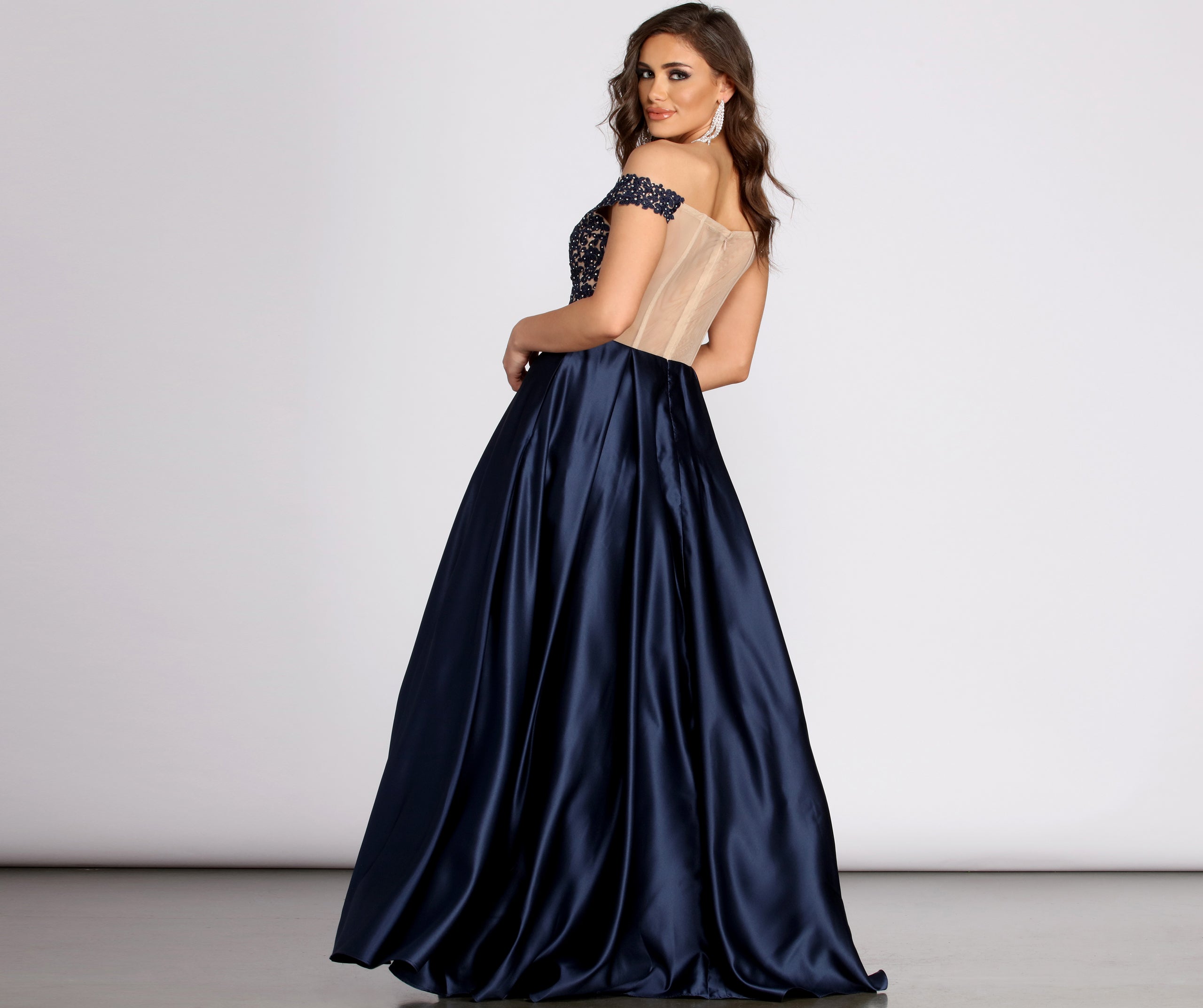 Soni Off Shoulder Floral Applique Ball Gown