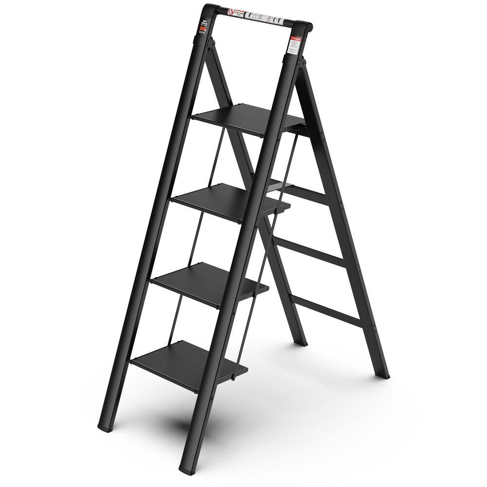 4-Step Retractable Handgrip Folding Aluminum Step Stool Ladder with Anti-Slip Wide Pedal 300 lbs. Household Ladder DATI-CYW1-909