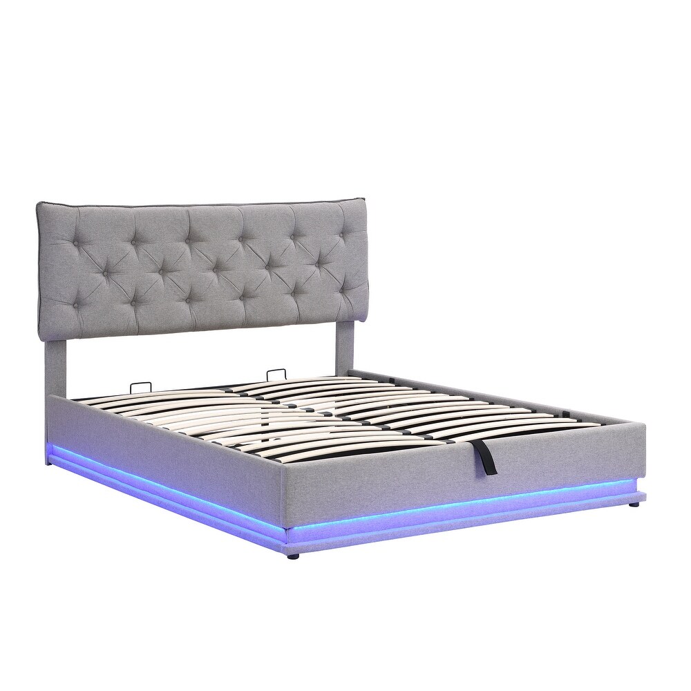 Queen Size Gray Storage Bed w/ Hydraulic Storage System Platform Bed Frame