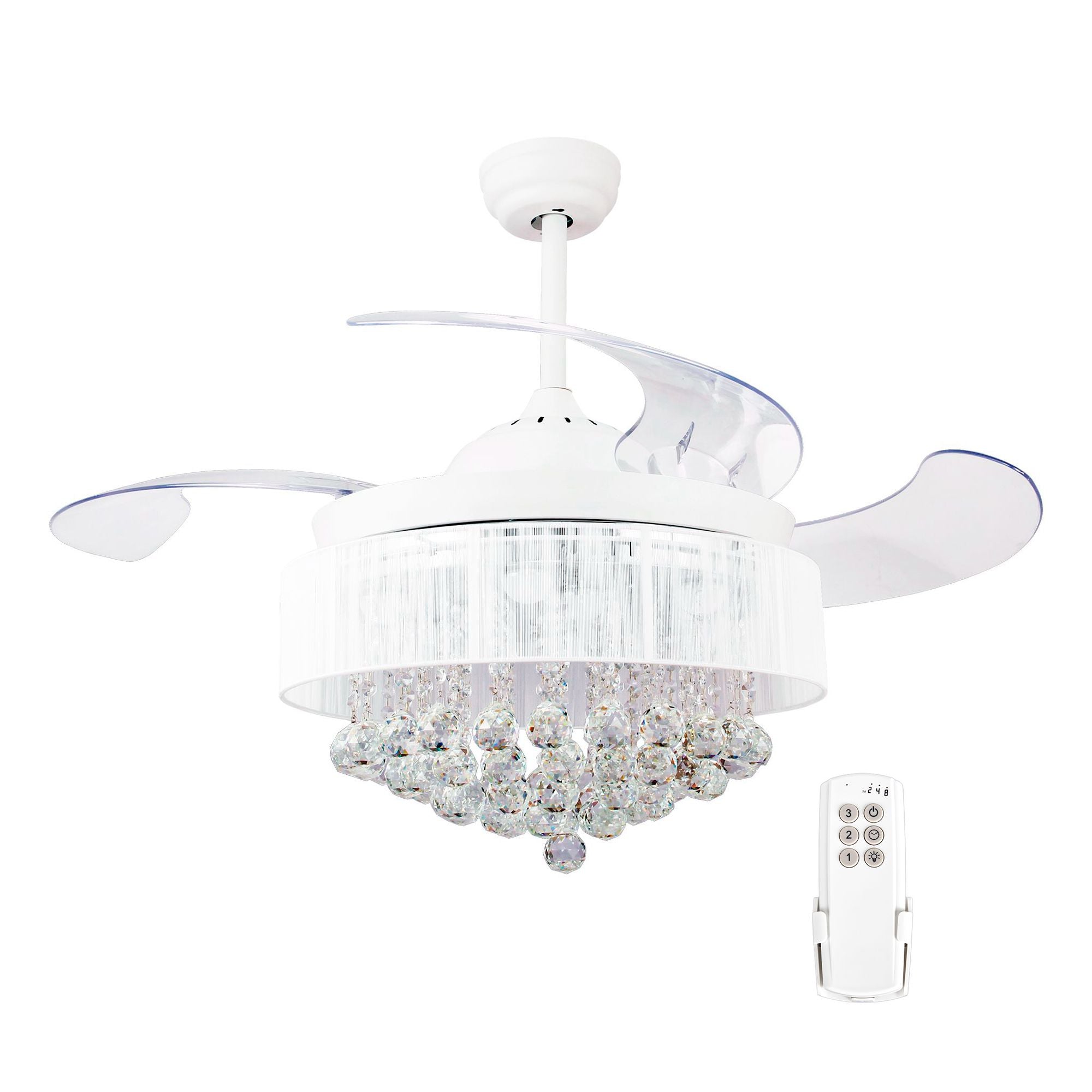 Retractable Crystal Ceiling Fans with Lights and Remote Control Chandelier LED Ceiling Fan， 4000K Cool Lights， White