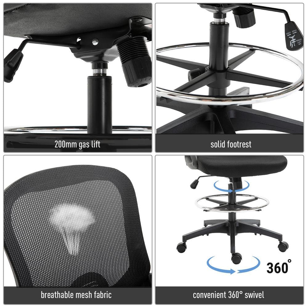 Vinsetto Black Drafting Office Chair with Lumbar Support, Flip-Up Armrests, Footrest Ring and Adjustable Seat Height 921-190