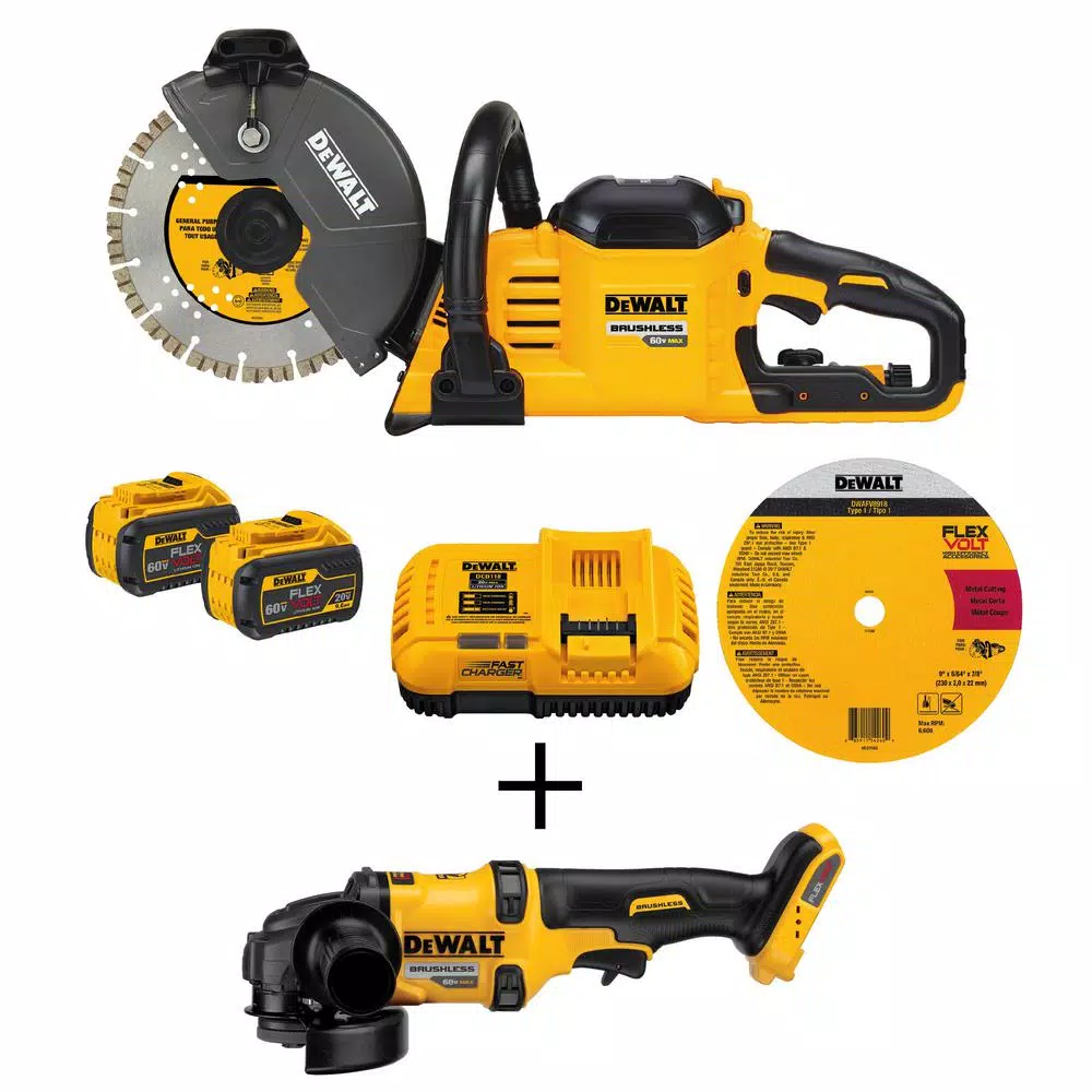 DEWALT FLEXVOLT 60-Volt MAX Brushless 9 in. Cut-Off Construction Saw， (2) FLEXVOLT 9.0Ah Batteries and 4-1/2 in. Angle Grinder and#8211; XDC Depot