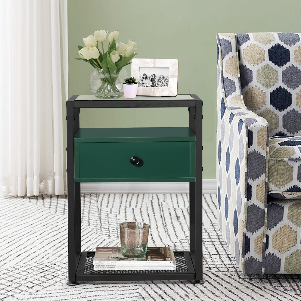 VECELO Modern 1  Drawer Nightstands with Tempered Glass Top