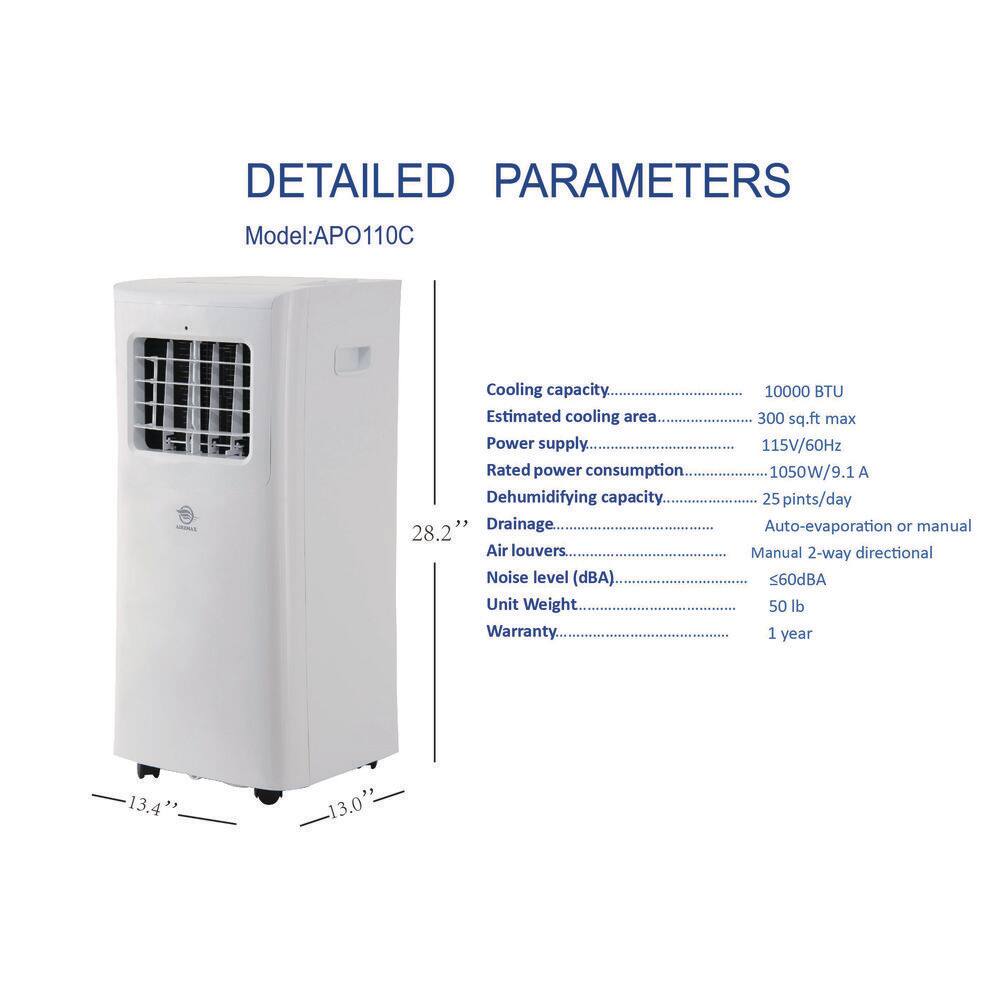 AIREMAX 10000 BTU  5000 BTU (DOE) Portable AC w Remote 300 Sq.Ft. Timer LED Display Wheels Dehumidifer in White APO110C