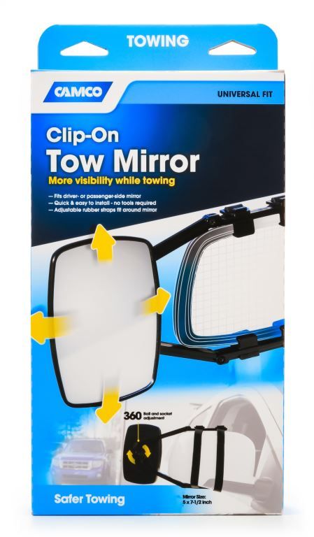 Camco Clip-on Tow Mirror | Features a 360 Degree Ball and Socket Adjustment | Black (25650)