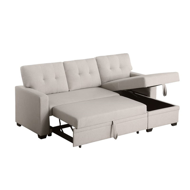 Pemberly Row Polyester Fabric Reversible Sleeper Sectional Sofa in Beige