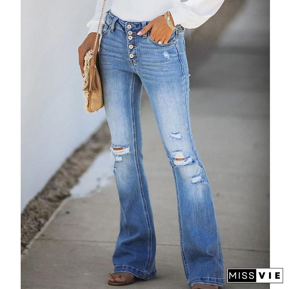 Fashion Hole Slim Flared Jeans