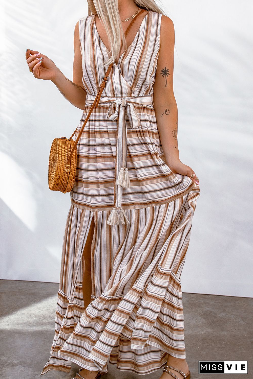 Khaki Striped V Neck Sleeveless Maxi Dress with Tie