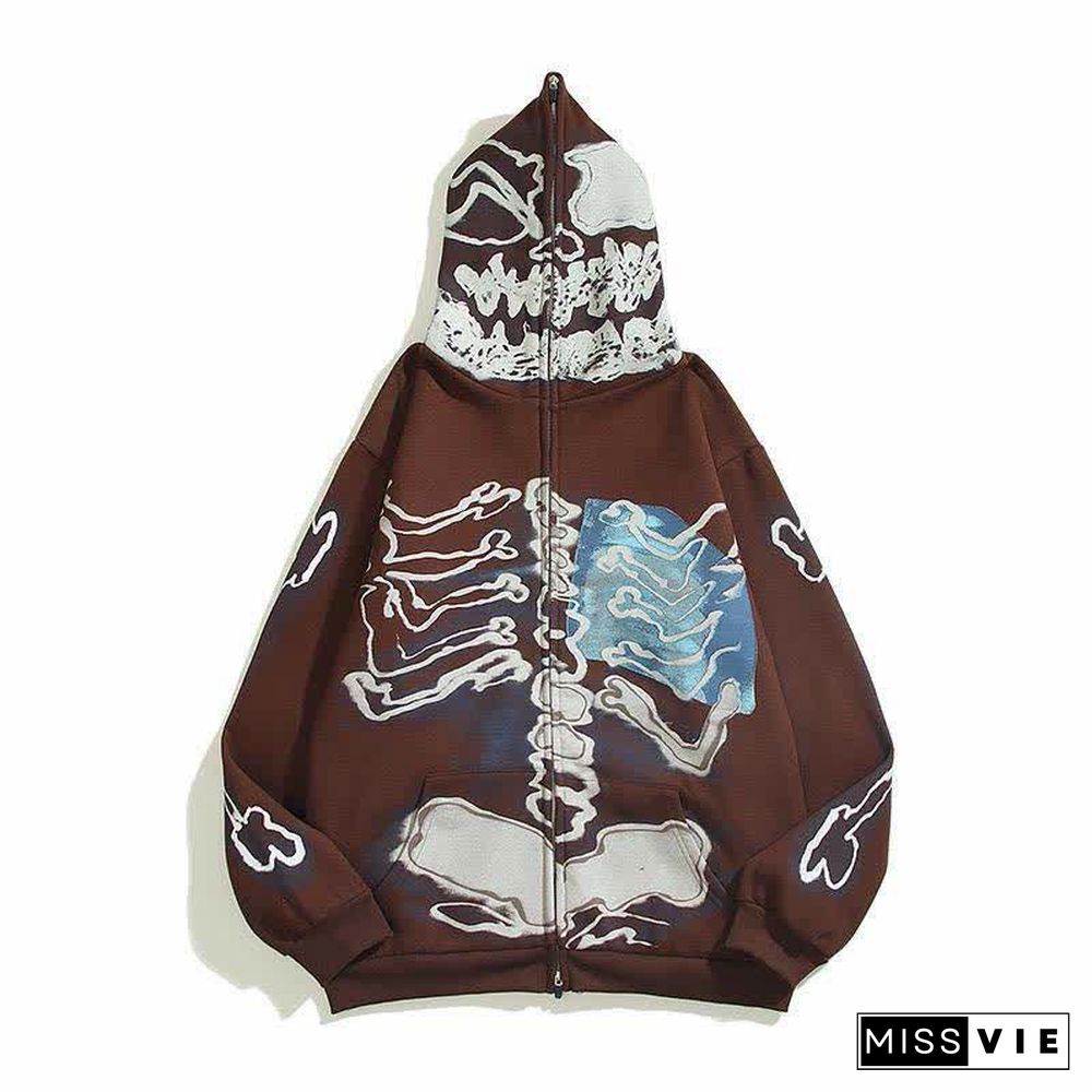 Skeleton Print Zipper Loose Hooded Sweatshirt