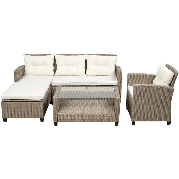 4Piece Classic Conversation Set，Wicker Rattan Patio Sofa with Cushions