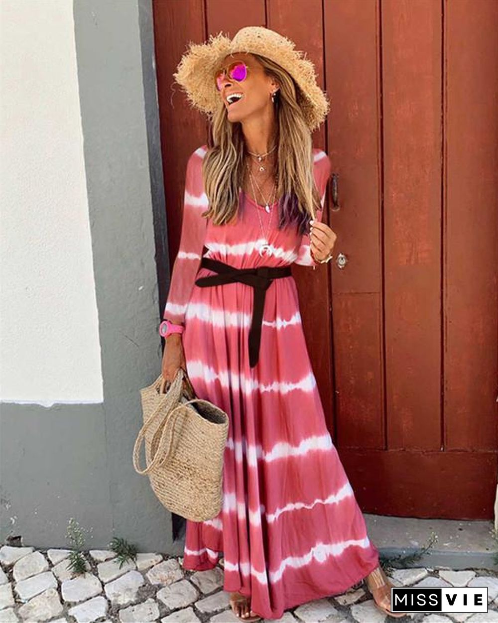 Fall Dress Wave Printed Long Sleeve Women's Maxi Dress