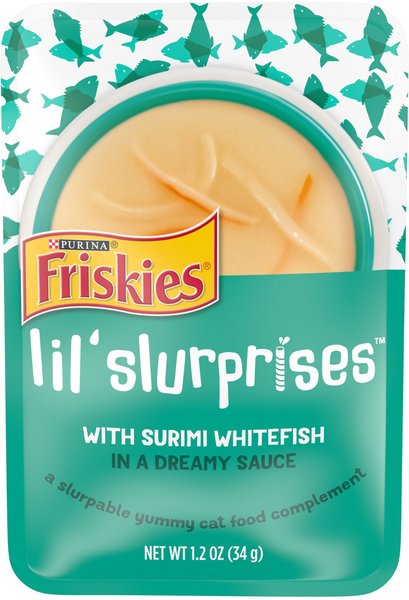 Friskies Lil’ Slurprises With Surimi Whitefish in Dreamy Sauce Wet Cat Food Topper， 1.2-oz pouch， case of 16