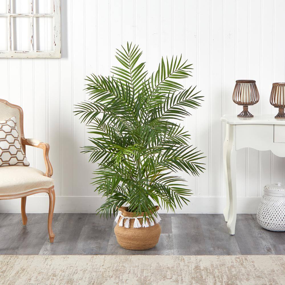 Nearly Natural 4 ft. Green Areca Artificial Palm in Boho Chic Handmade Natural Cotton Woven Planter with Tassels T2930