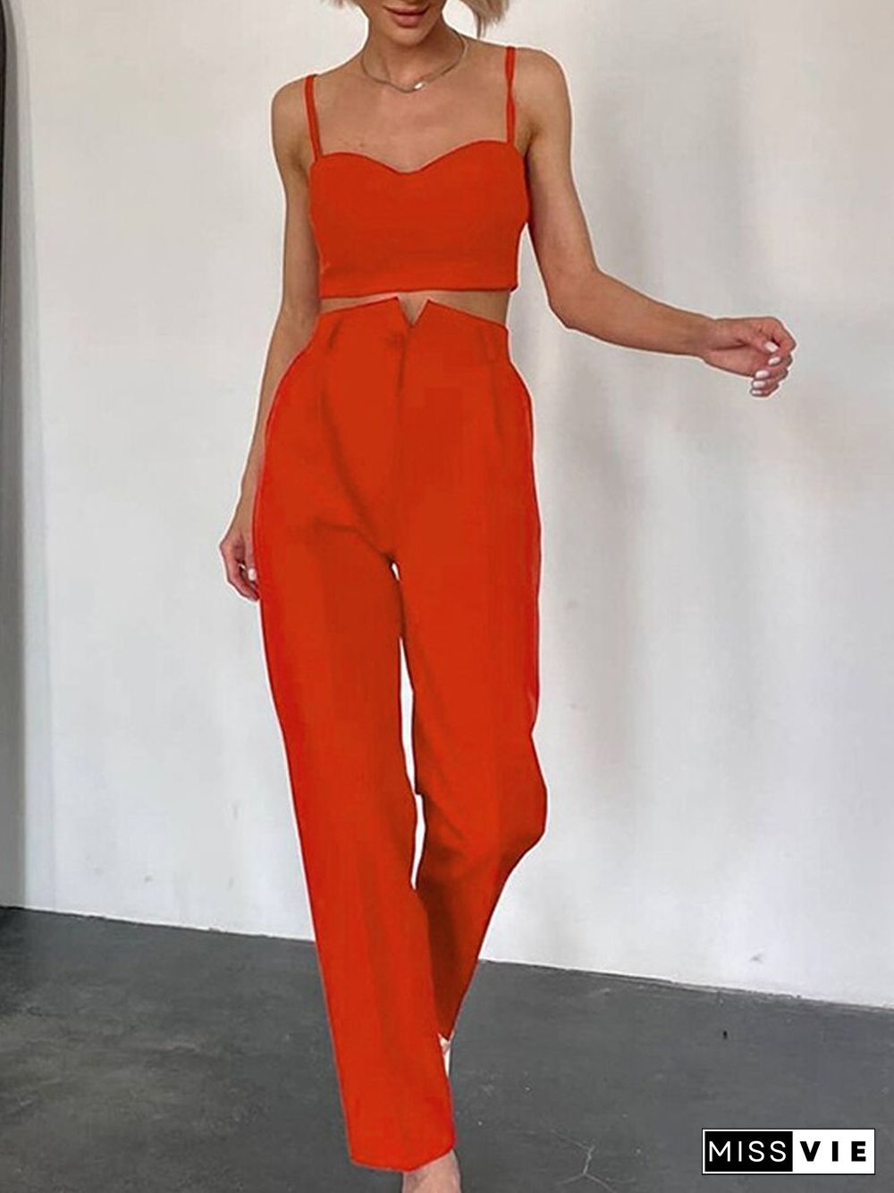 Women Sexy Sling V-Neck Backless Short Tops And High Waist Straight Pants Suit Fashion Solid 2 Piece Sets Slim Sleeveless Suits