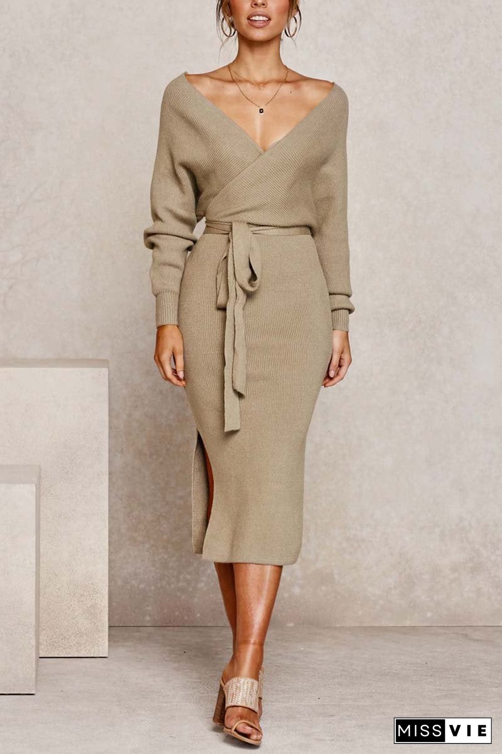 V Neck Backless Sweater Dress(5 Colors)