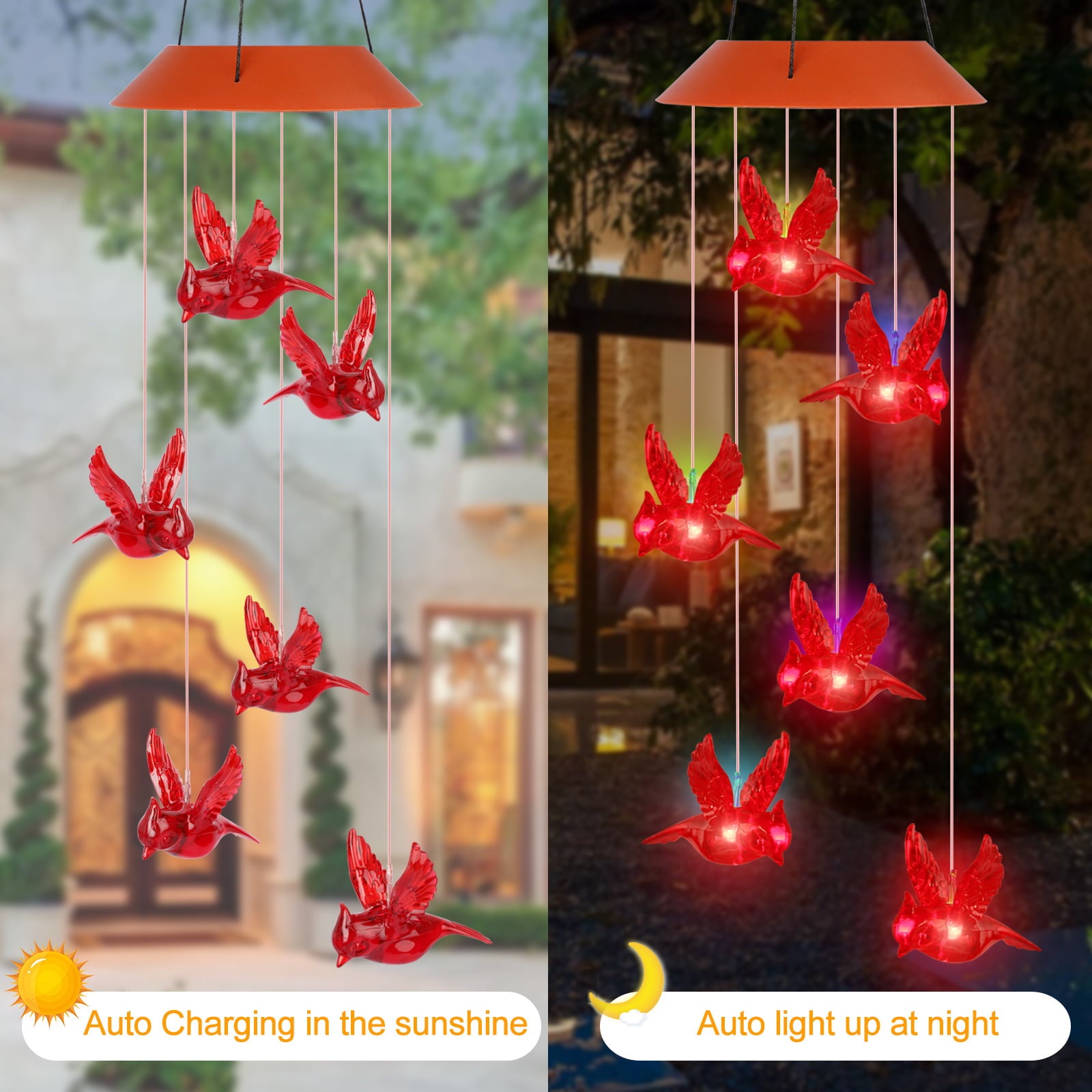 EEEkit Solar Cardinal Red Bird Wind Chime Lights， LED Cardinal Mobile Wind Chimes with S Hook， IP65 Waterproof for Patio Deck Yard Garden Home Decor