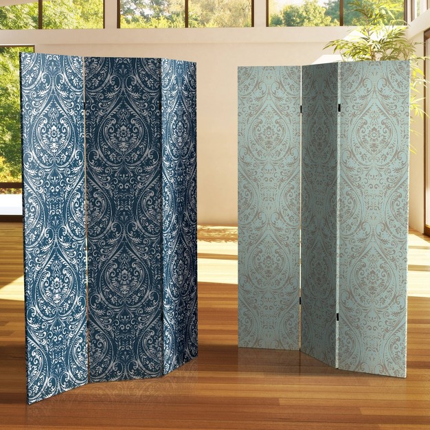 Double Sided Ocean Damask Canvas Room Divider Blue Oriental Furniture