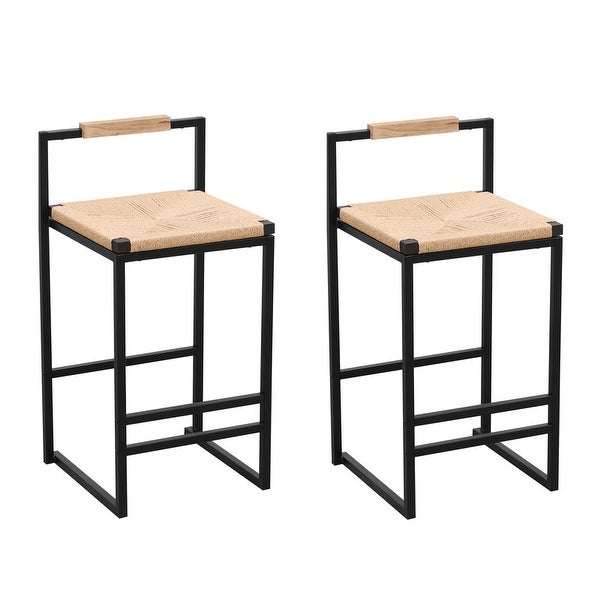 Set of 2 Counter Height Bar Stools with Woven Seat for Kitchen Home