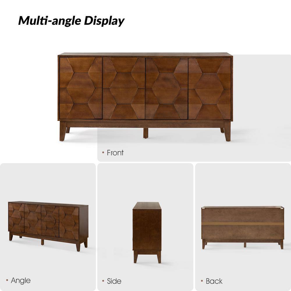 JAYDEN CREATION Kamis Modern Walnut 60 in. Hexagonal Embellishments Sideboard with Solid Wood Legs SBHM0574-WALNUT