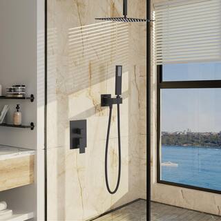 GIVING TREE 2-Spray Patterns with 16 in.Shower Head Ceiling Mount Brass Dual Shower Heads with Hand Shower in Matte Black XLHDSHOW0016