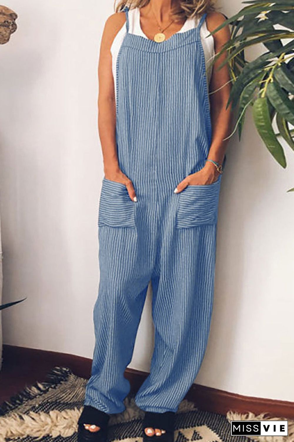 Striped Tie Up Pocket Jumpsuits