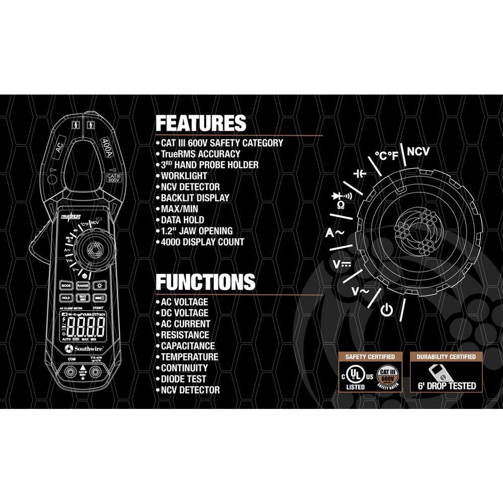 Southwire 400 Amp AC Clamp Meter with True RMS Built-In NCV Worklight and Third-Hand Test Probe Holder 65031640