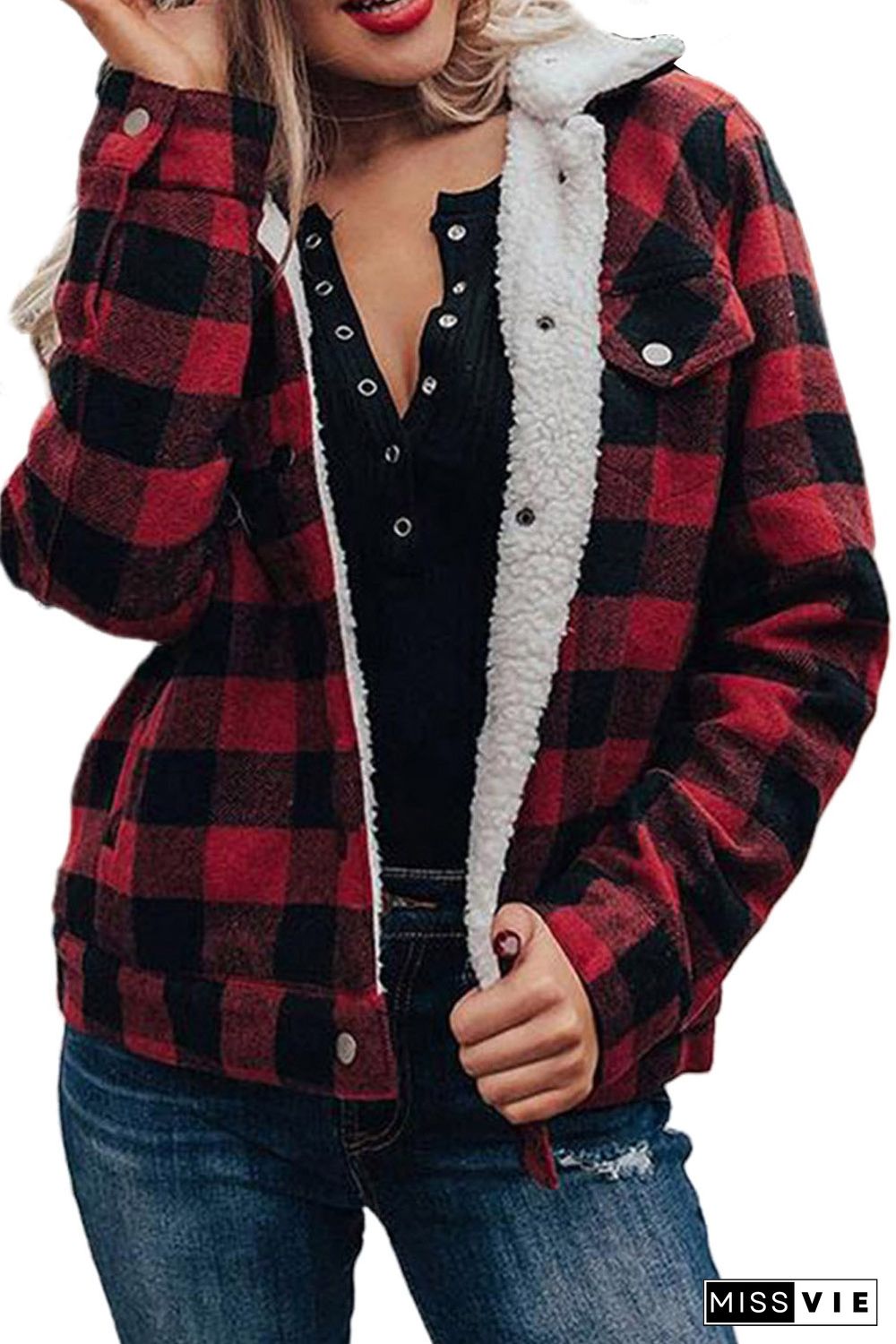 Red Plaid Print Fleece Button Jacket