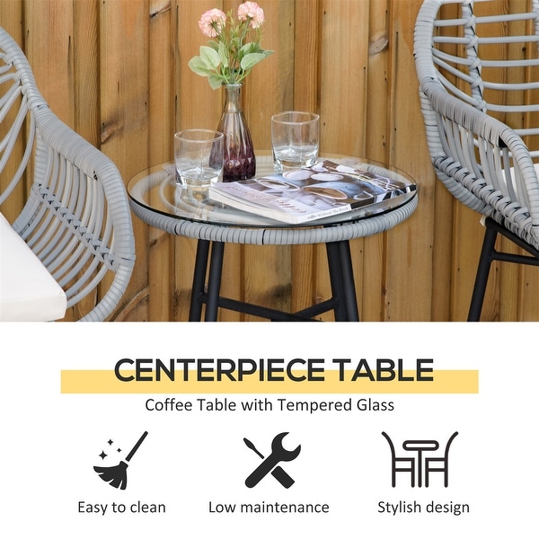 3 Piece Patio Set，PE Rattan Wicker Chairs and Table with Tempered Glass