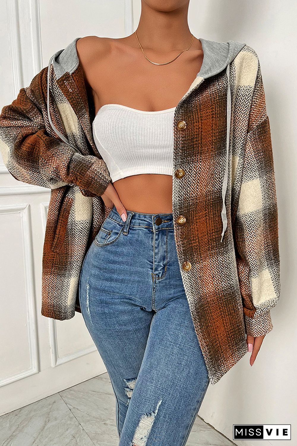 Brown Plaid Button Down Open Hoodies Jackets