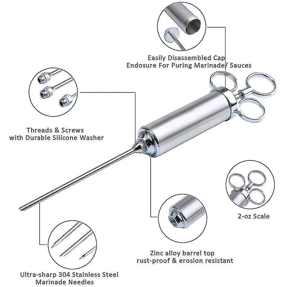 Stainless Steel Meat Injector Syringe With 3 Marinade Injector Needles