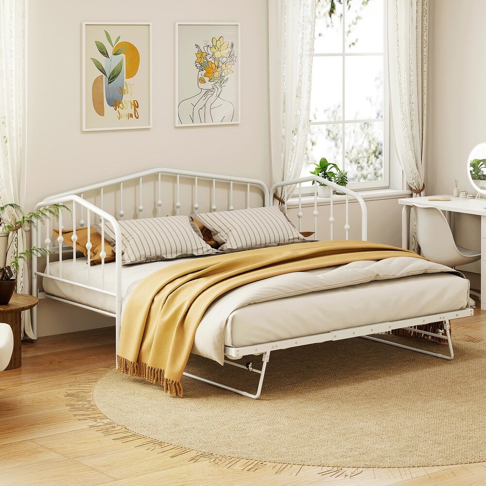 White Twin Size Stylish Metal Daybed with Twin Size Adjustable Trundle