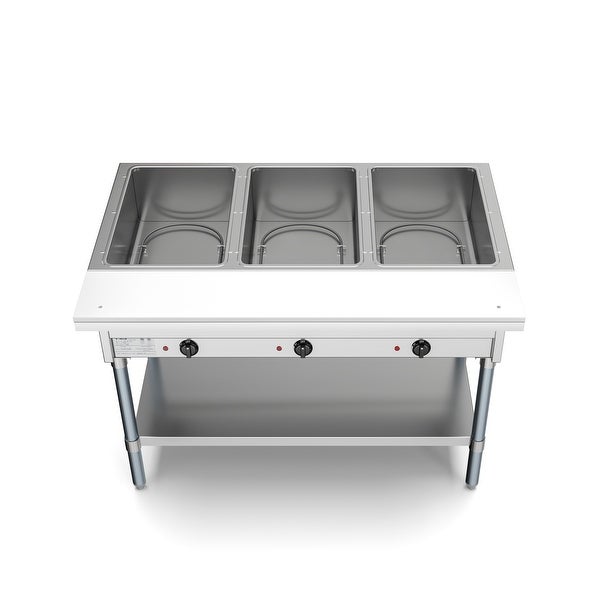 3-Pan Open Well Commercial Electric Stainless Steel Steam Table with Undershelf， Warming Control Knobs， and Front Serving Area