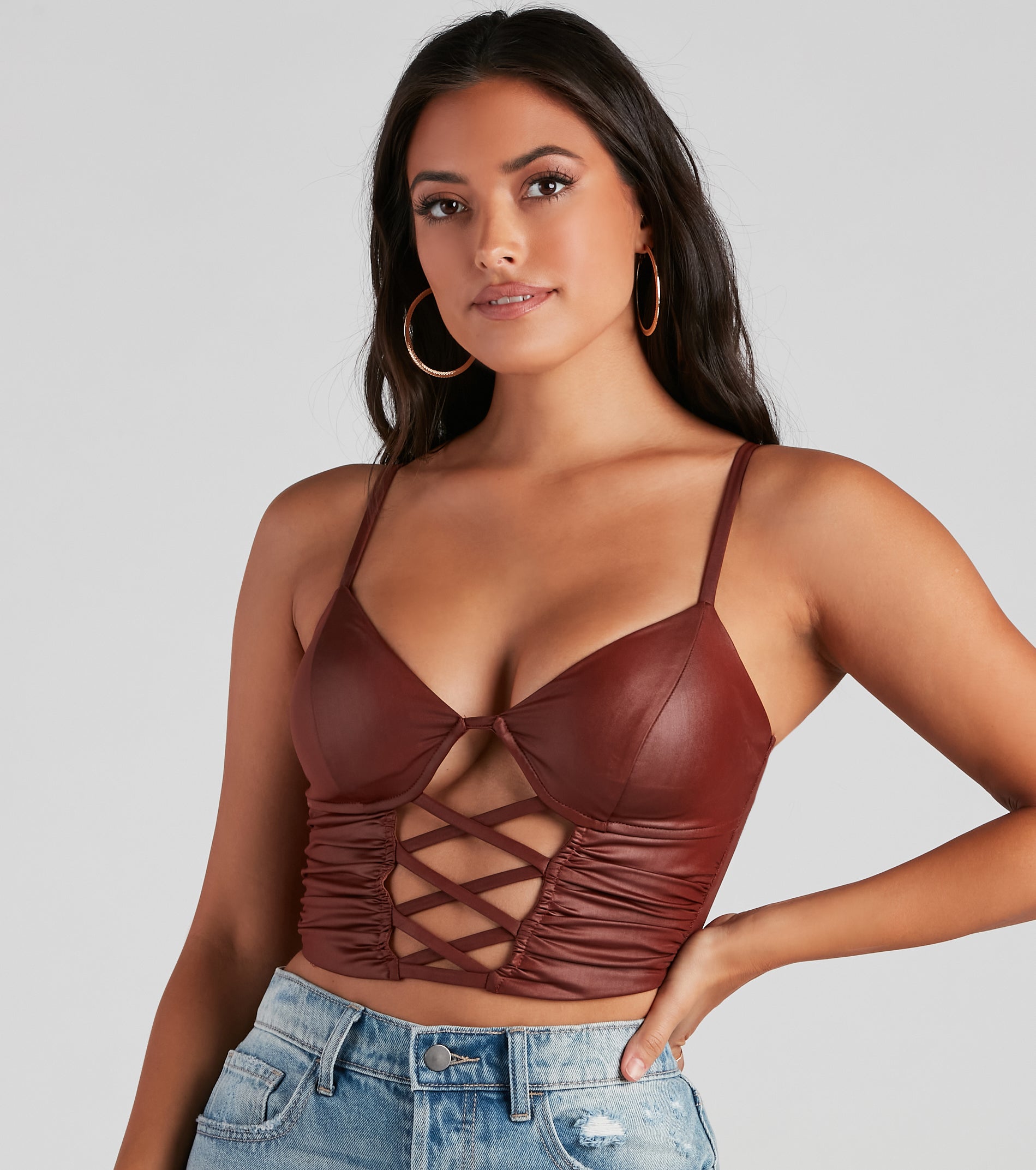 Late Night Faux Leather Lattice Crop Top