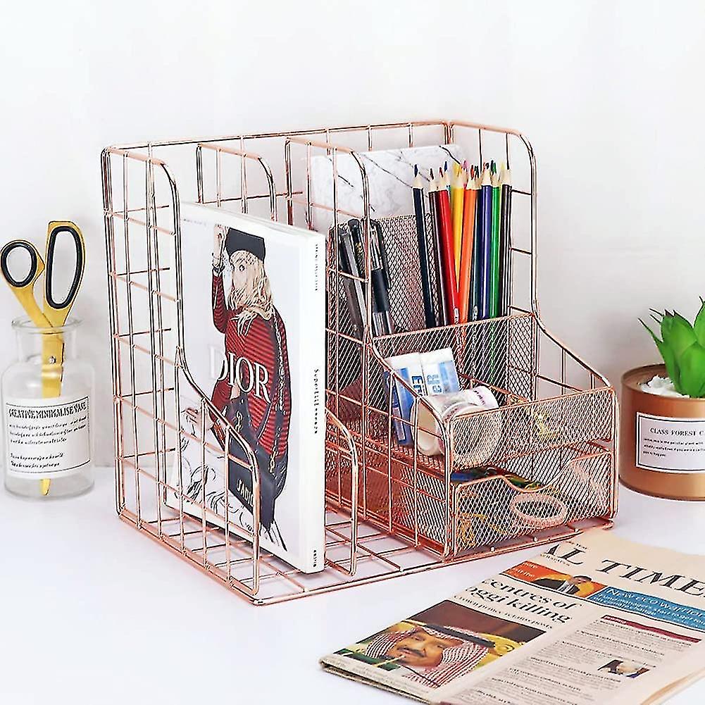 Rose Gold Desk Organizer Supplies Accessories Storage Caddy Desktop Organizer With Pencil Holder ，pen Holder ，paper Organizer ，mail Holder，file，desk D