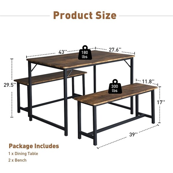 3 Piece Wood Kitchen Table Set with 2 Benches