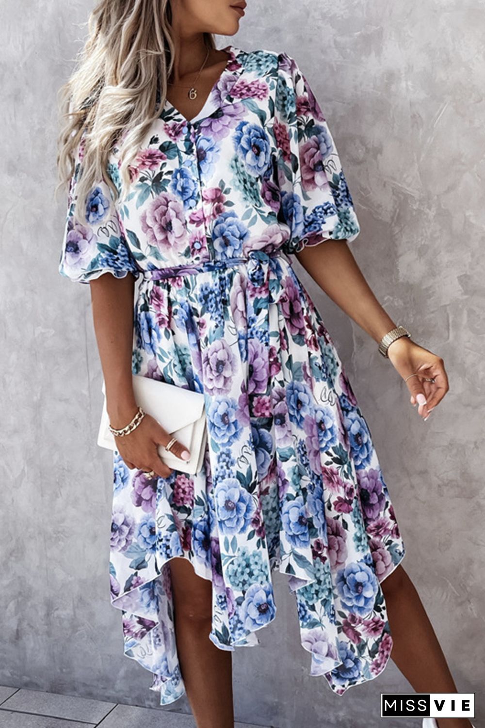 Fashion Elegant Floral Buckle With Belt V Neck Irregular Dress Dresses