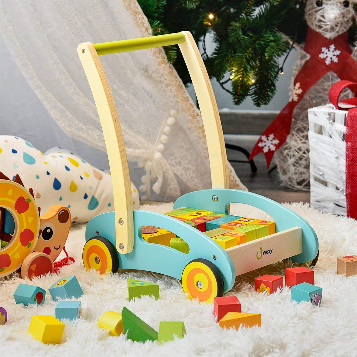 cossy Wooden Baby Learning Walker Toddler Toys for 1 Year Old Forest Theme Blocks andamp; Roll Cart Push Toy (37 Pcs) Updated Version