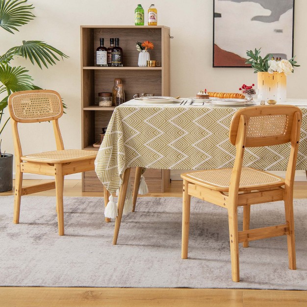 Costway Rattan Accent Chairs Set Of 2 Bamboo Frame Cane Woven Backrest amp seat Dining Room