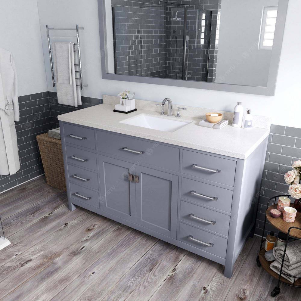 Virtu USA Caroline 60 in. W x 22 in. D x 35 in. H Single Sink Bath Vanity in Gray with Quartz Top and Mirror MS-2060-DWQSQ-GR