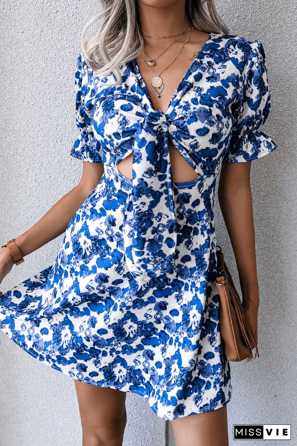 Fashion Elegant Floral Hollowed Out Strap Design V Neck A Line Dresses