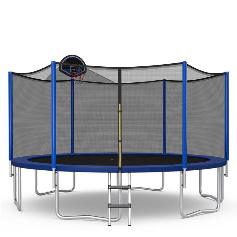 12/14/15/16 FT ASTM Approved Outdoor Recreational Trampoline with Basketball Hoop & External Enclosure Net