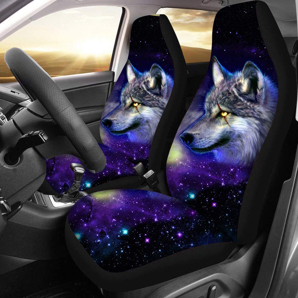 KXMDXA Set of 2 Car Seat Covers Galaxy Wolf Universal Auto Front Seats Protector Fits for Car，SUV Sedan，Truck