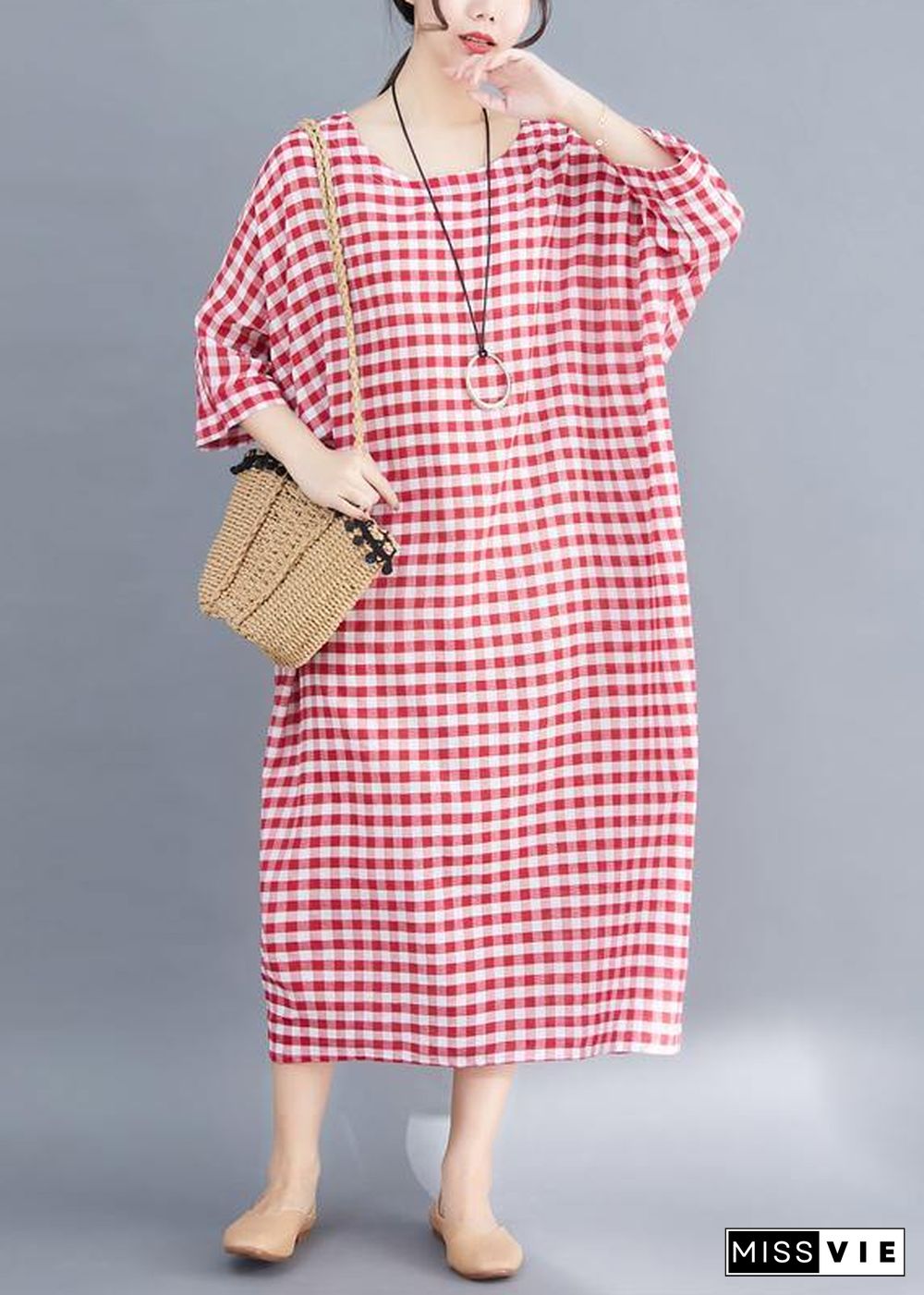 French red white plaid cotton linen plus size Photography Maxi summer Dresses