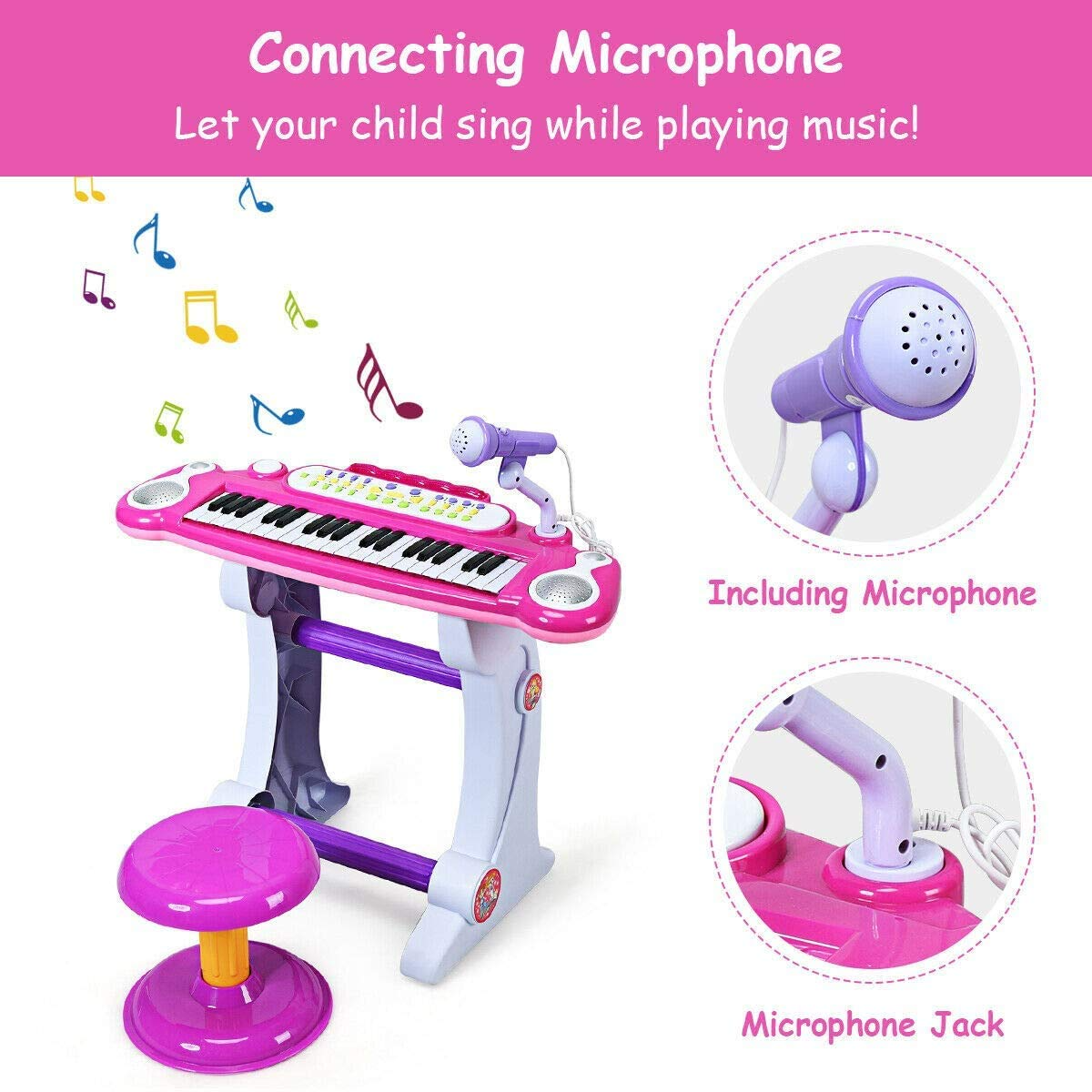 Costzon Electronic Keyboard 37-Key Piano, Musical Piano w/Record and Playback for Kids, Working Microphone & Stool