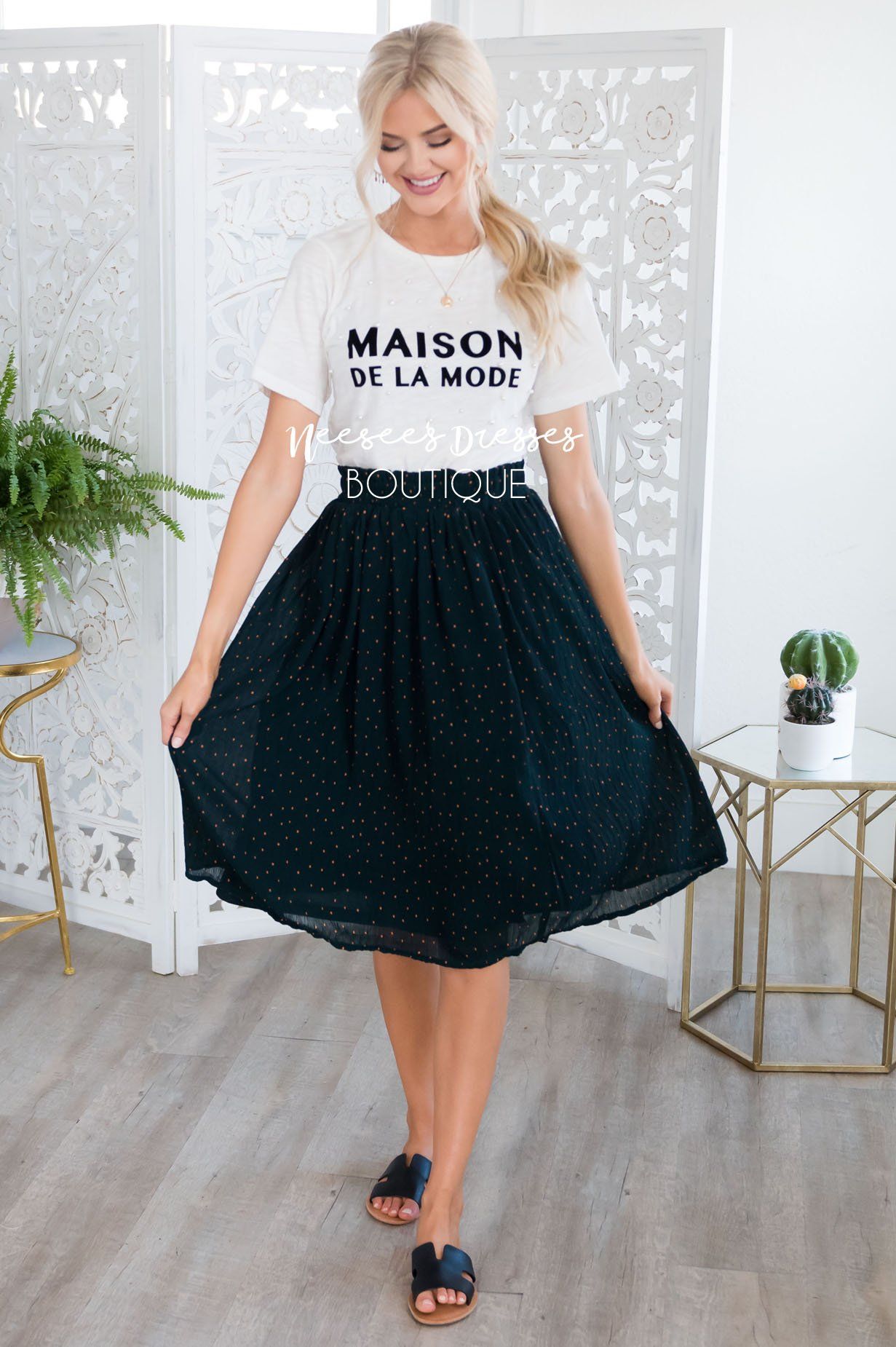 Dot Crepe Smocked Waist Skirt