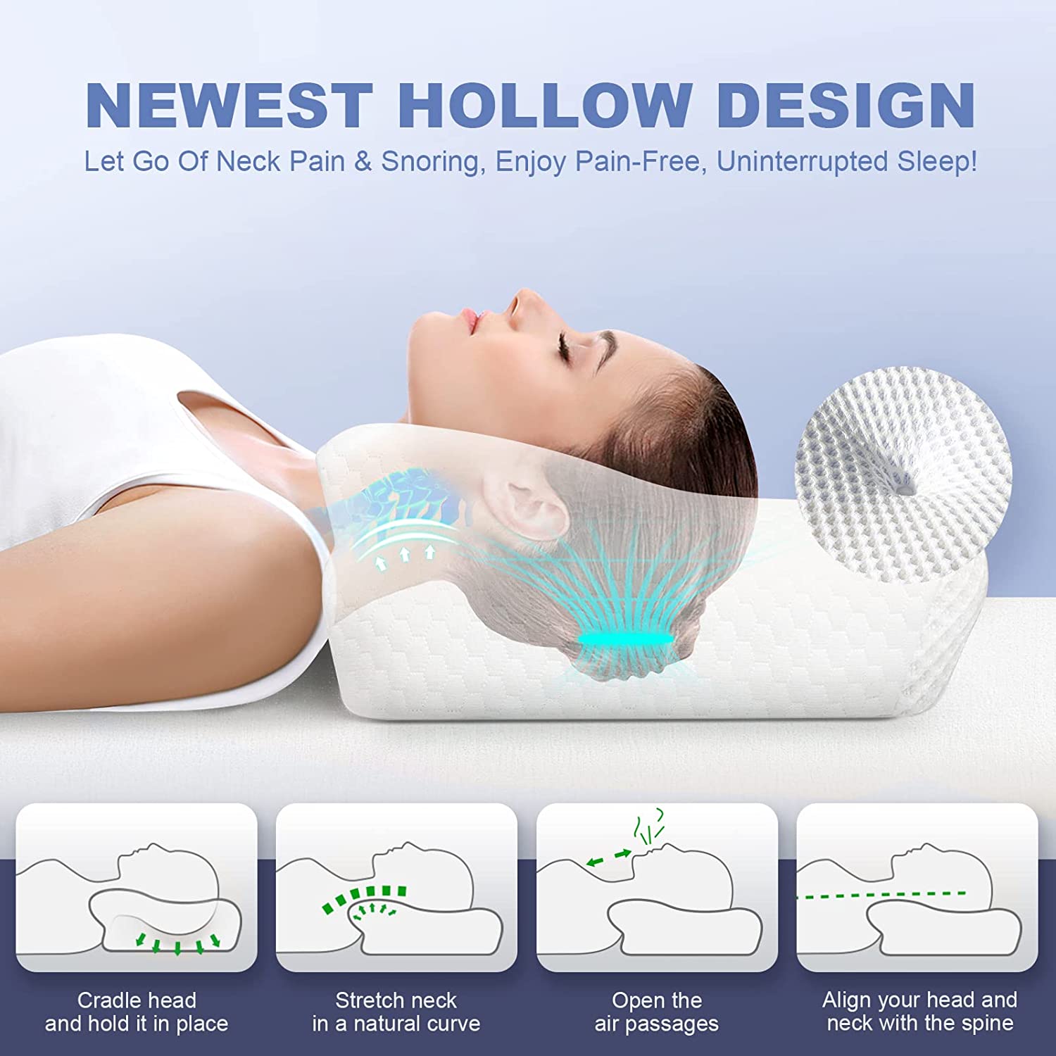 Adjustable Cervical Pillow for Neck Pain Relief, Hollow Contour Memory Foam Pillows Plus Support, Odorless Orthopedic Bed Pillows for Sleeping, Shoulder Pillow for Side Back Stomach Sleeper