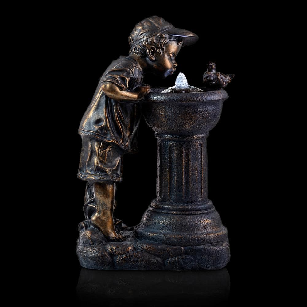 Alpine Corporation 27 in. Tall Indoor/Outdoor Boy Drinking From Water Fountain with LED Lights, Bronze GXT740