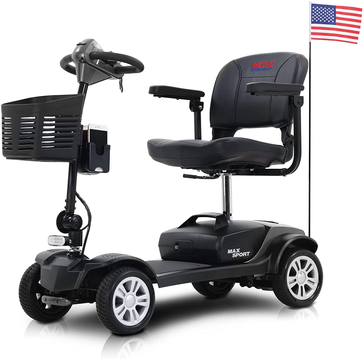 4 Wheel Mobility Scooters- Folding Electric Powered Wheelchair Device for Seniors Adults Elderly, Collapsible and Compact Heavy Duty Mobile for Travel with Basket (MAX Sport Grey)