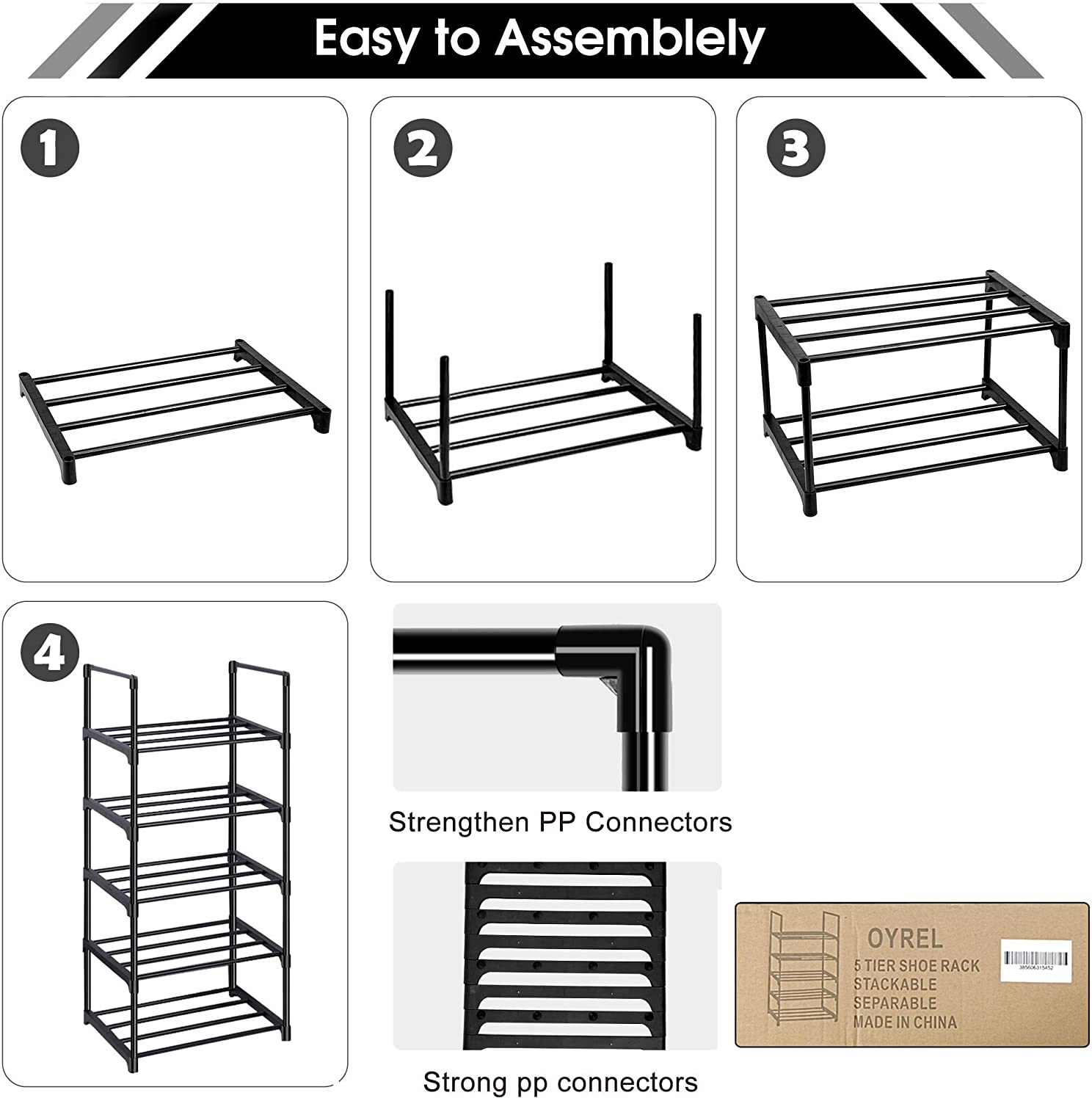 OYREL 5-Tier Stackable and Adjustable Shoe Rack， Sturdy Metal and Plastic， Black